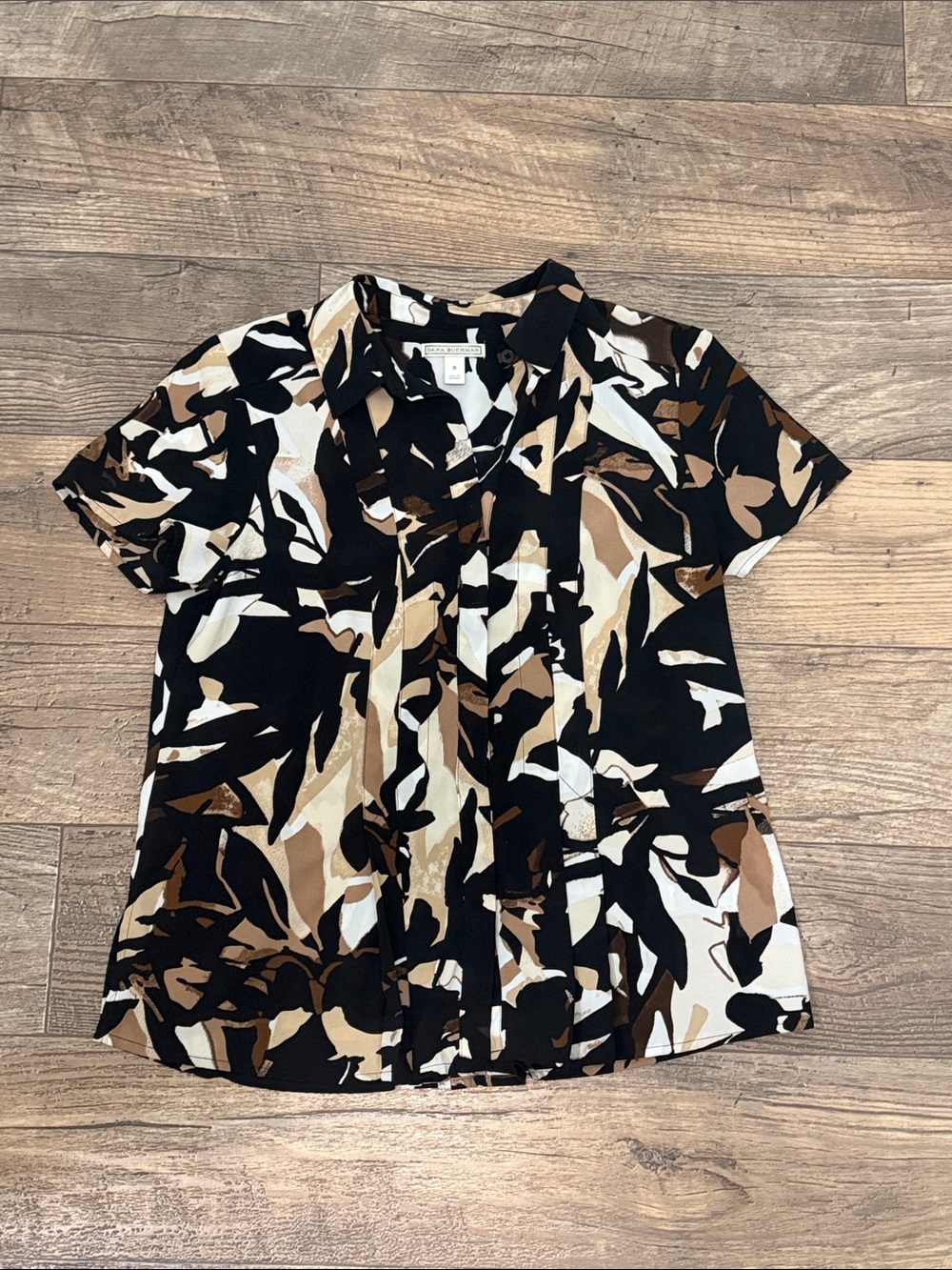 Dana Buchman Abstract Print Short Sleeve Blouse - Black, Brown & Cream